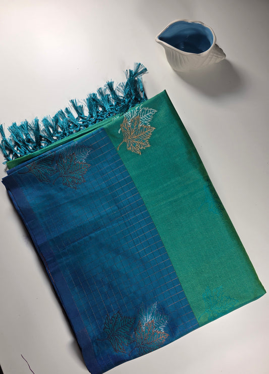 Teal blue leaf green soft silk saree