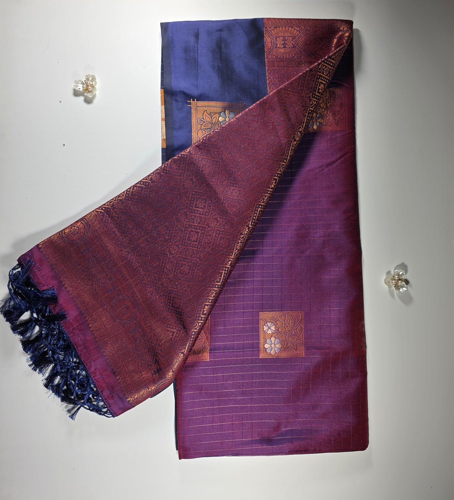 Navy blue purple border saree.