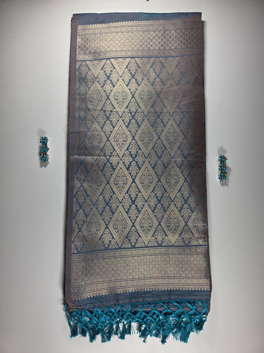 Enchanting Teal Soft Silk Saree with Gold Zari Floral & Paisley Weave