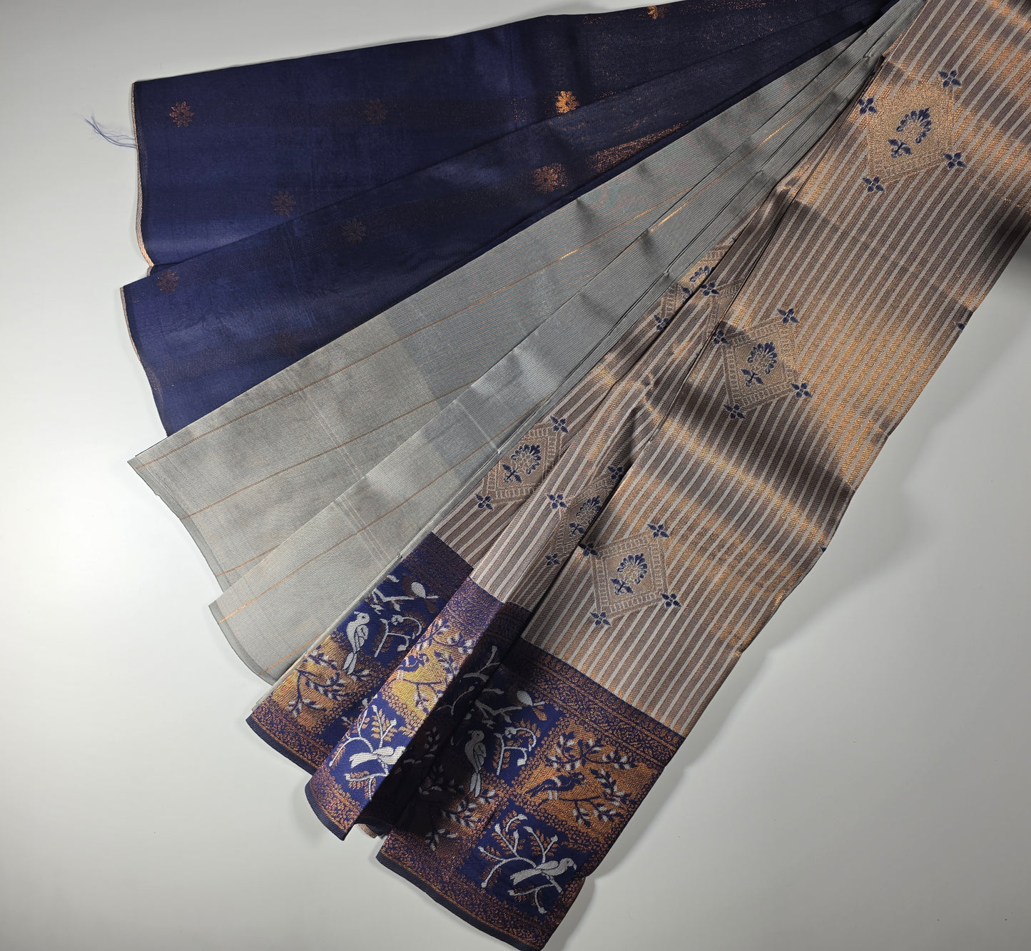 Exquisite Navy Blue Kuberapattu Saree with Intricate Copper Zari Weave and Traditional Motifs