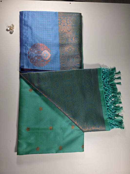 Elegant Dual-Tone Soft Silk Saree in Steel Blue and Aqua Green with Contrasting Zari Weave and Floral Motifs