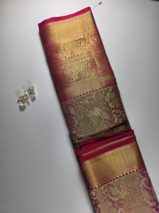 xquisite Kanchi Pattu Style Saree: Luminous Pink Body with Opulent Red Border and Rich Gold Zari Weave