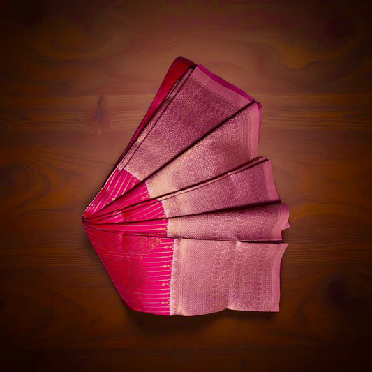 "Radiant Kuberapattu: Pink Body with Peach and Copper Zari Border"
