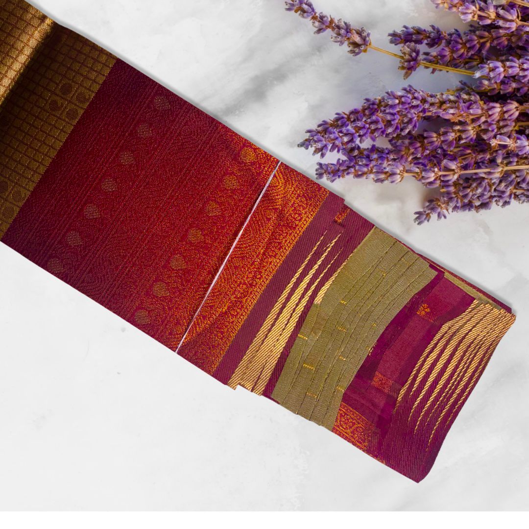 "Elegant Kuberapattu: Khaki Green Body with Burgundy Border and Copper Zari Checks"