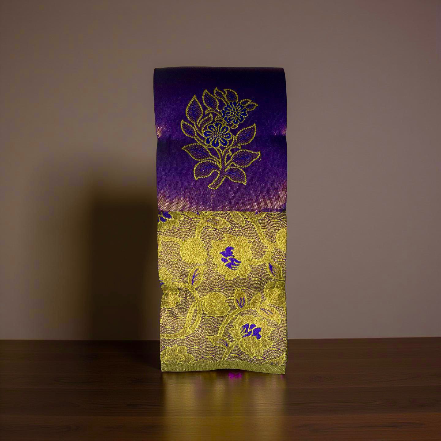 "Majestic Kuberapattu: Dark Purple Body with Mustard yellow Border and Copper Zari Floral Motifs"