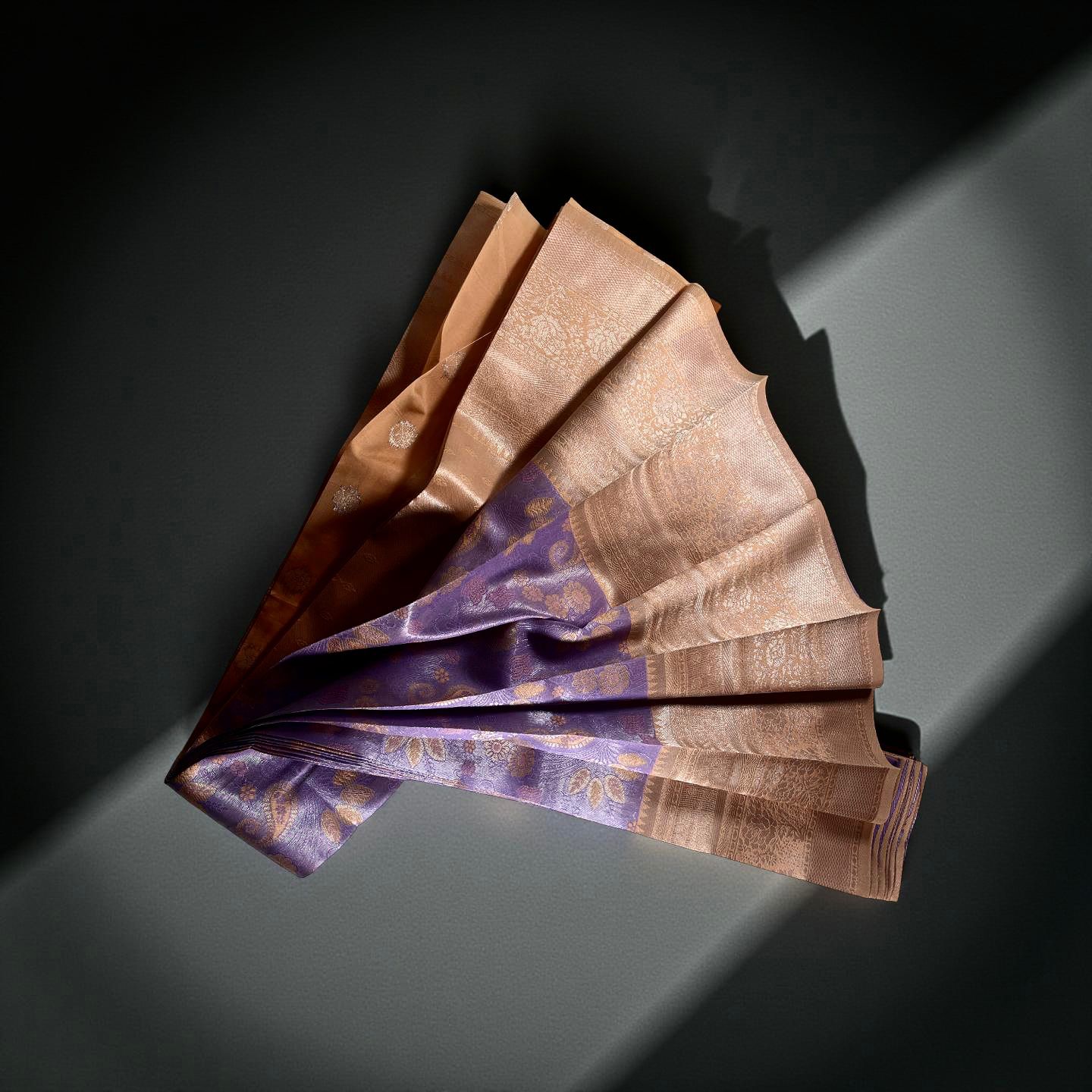 "Graceful Kuberapattu: Light Purple Body with Peach Border and Gold Zari"