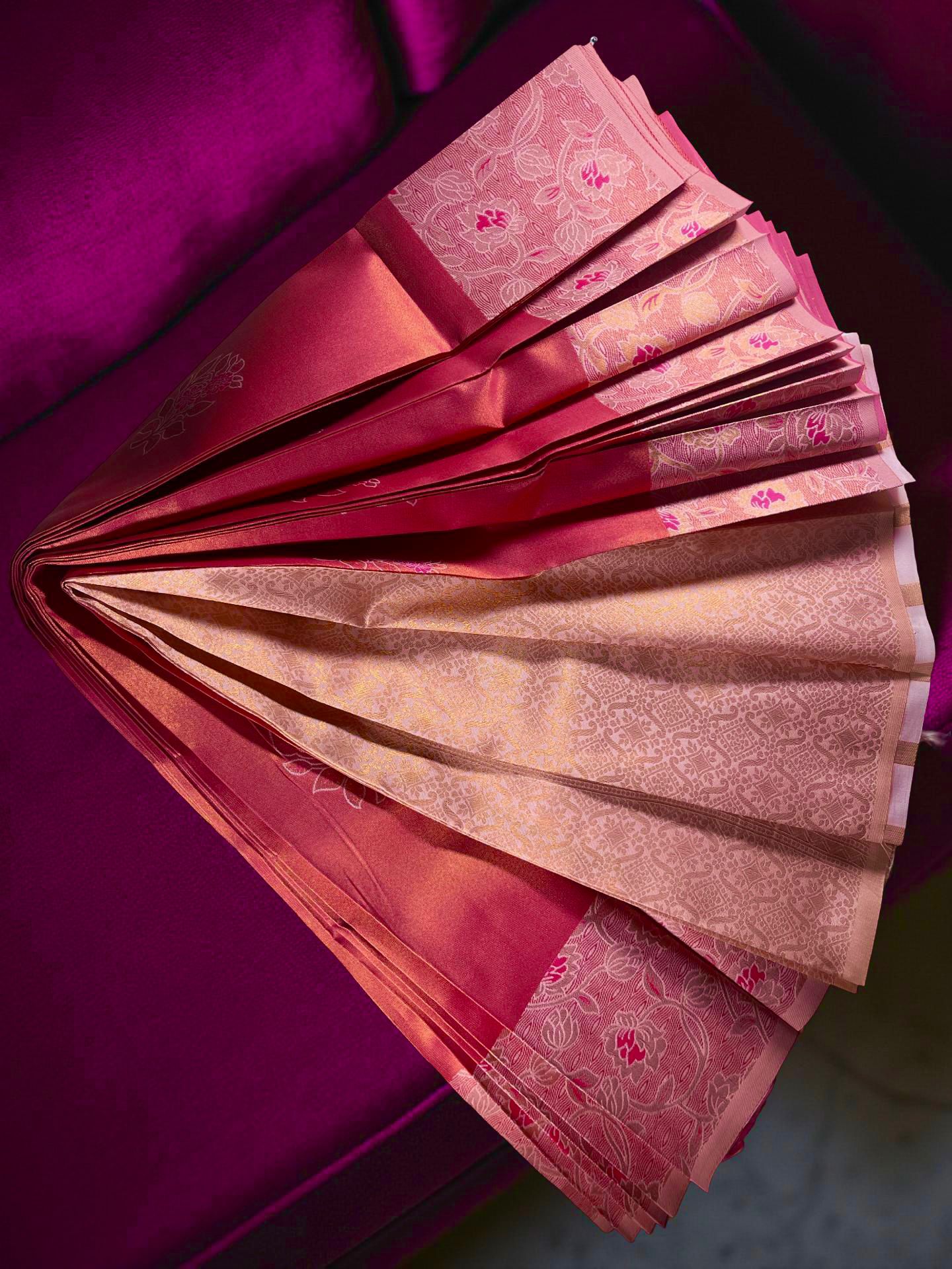 Peach and pink floral kuberappattu saree