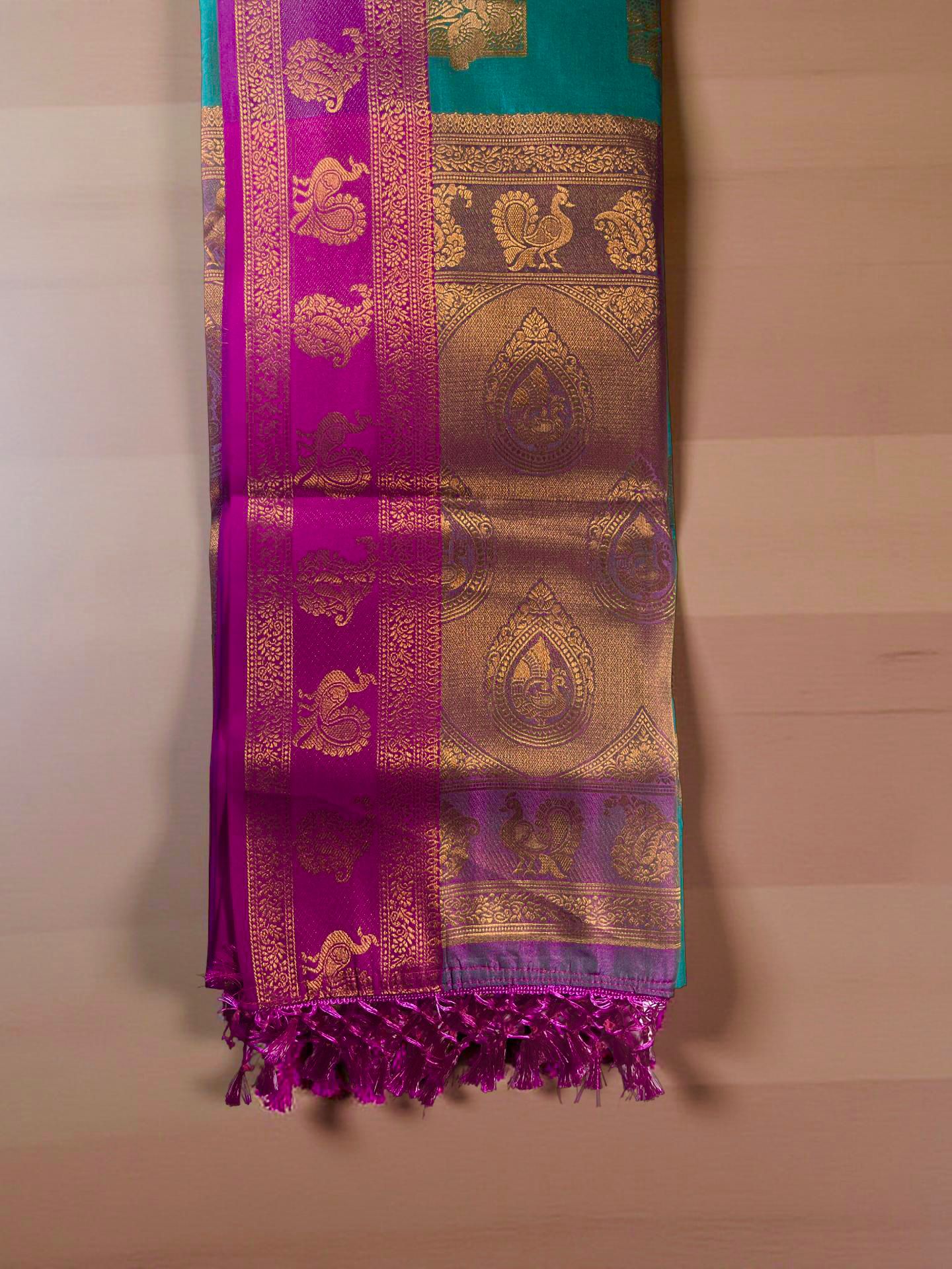 Vibrant Green & Pink Dakshini Pattu Saree with Intricate Copper Zari Weave