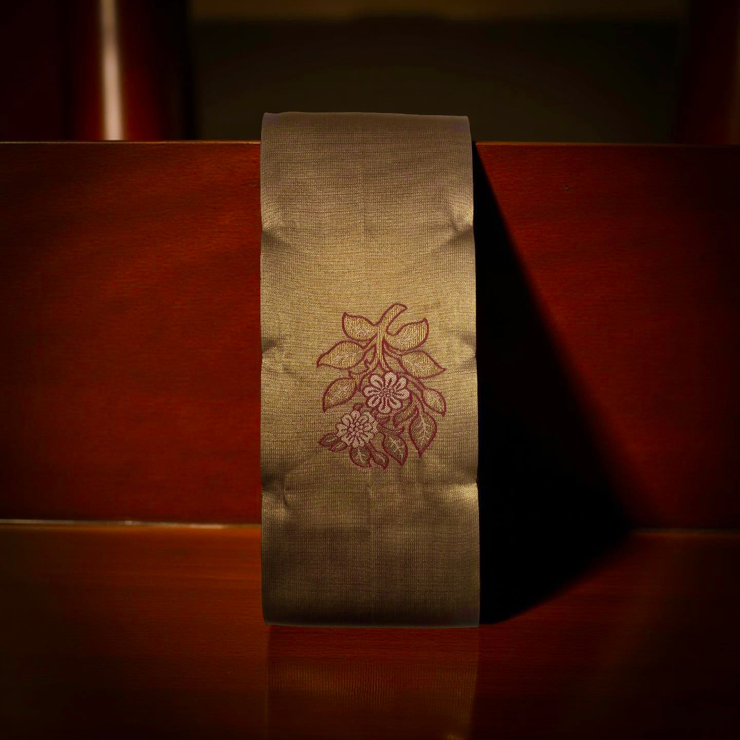 Elegant Kubera Pattu Saree: Khaki Body with Intricate Leaf Design & Burgundy Border