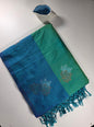 Teal blue leaf green soft silk saree