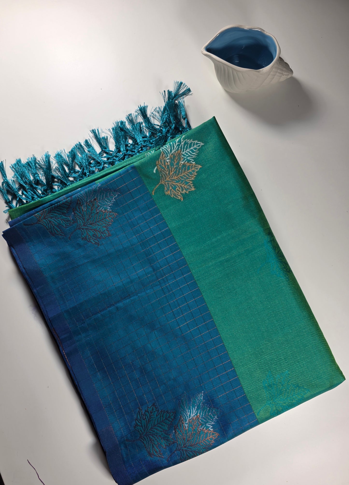 Teal blue leaf green soft silk saree