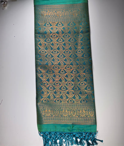 Teal blue leaf green soft silk saree