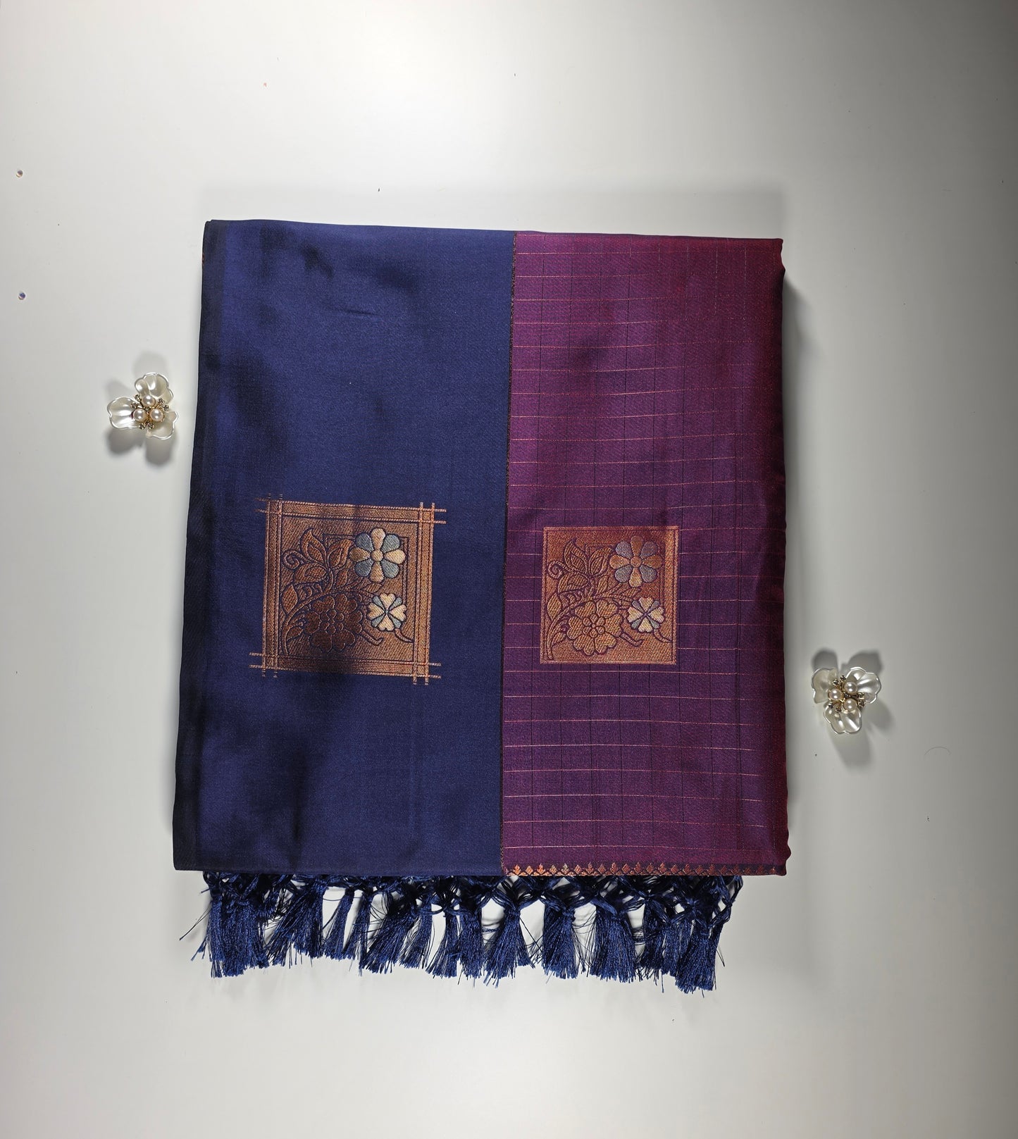 Navy blue purple border saree.