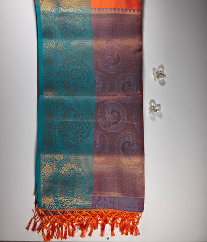 Radiant Orange Soft Silk Saree with Rich Forest Green Border