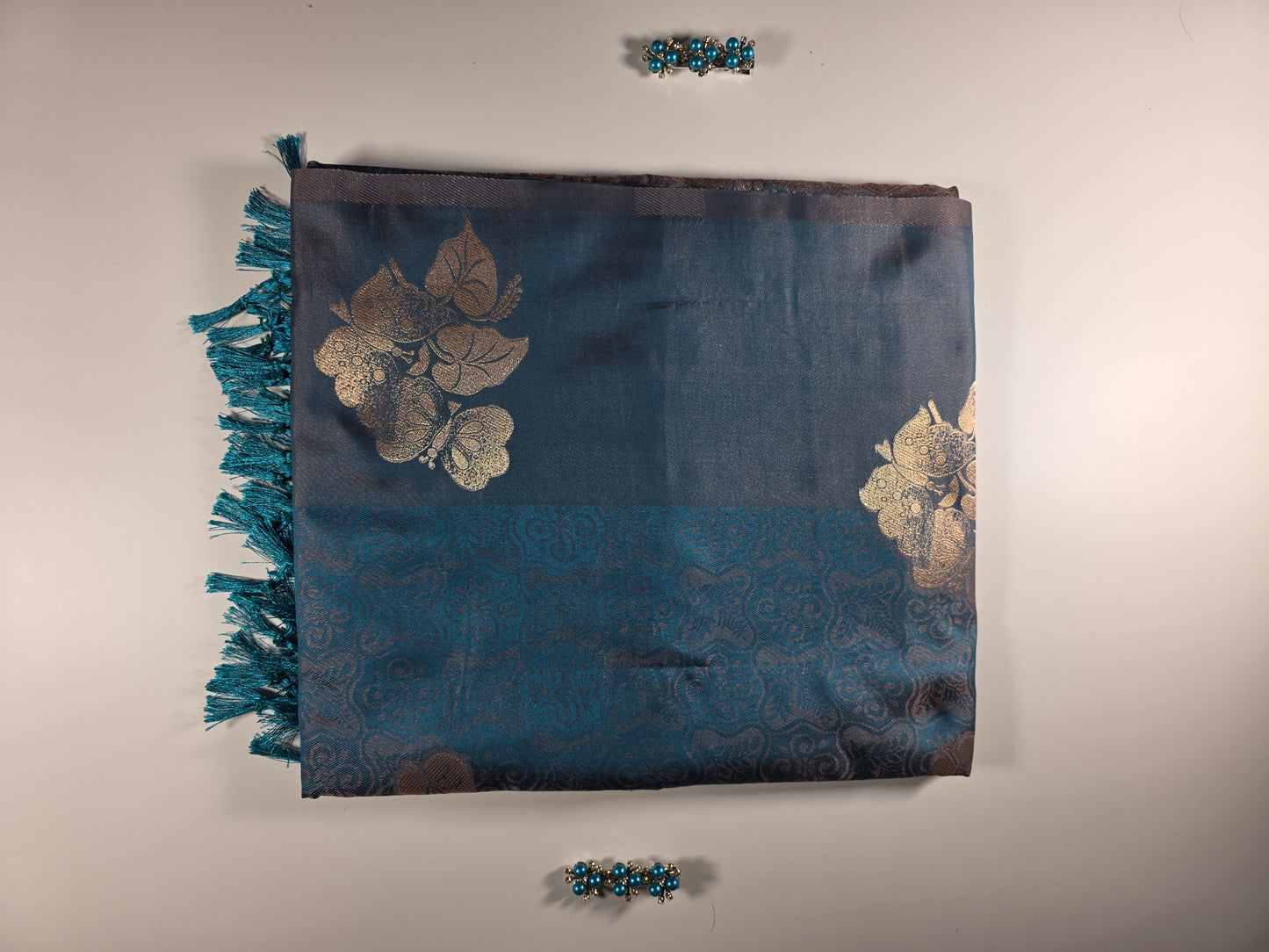 Enchanting Teal Soft Silk Saree with Gold Zari Floral & Paisley Weave