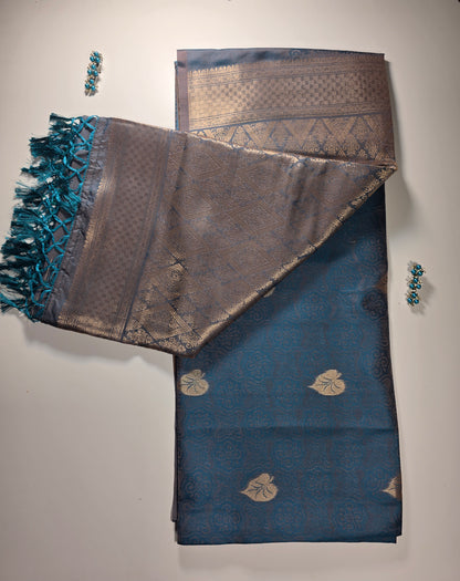 Enchanting Teal Soft Silk Saree with Gold Zari Floral & Paisley Weave