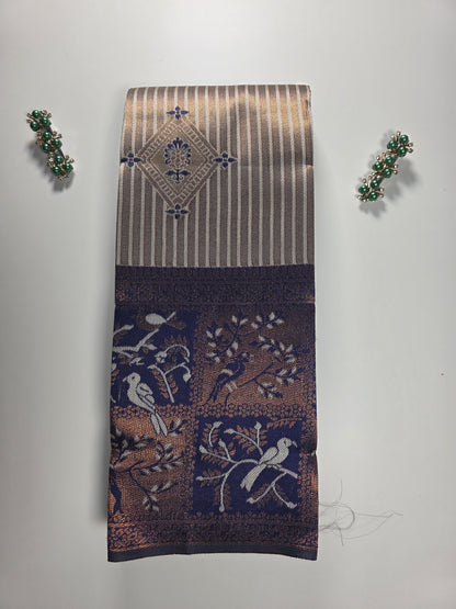 Exquisite Navy Blue Kuberapattu Saree with Intricate Copper Zari Weave and Traditional Motifs