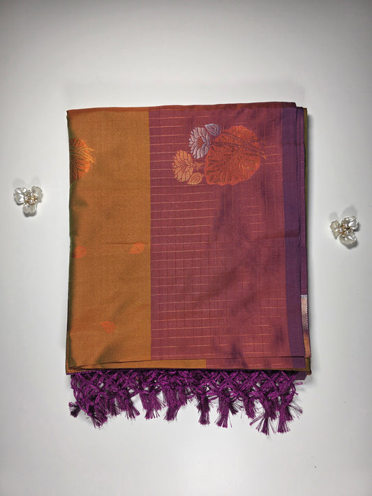 Mustard yellow saree with royal purple border.