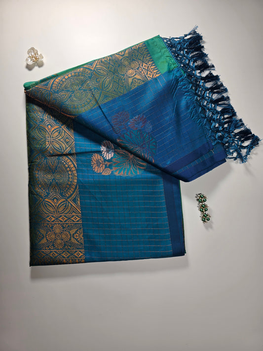 Exquisite Dual-Tone Soft Silk Saree in Peacock Blue and Emerald Green with Zari Floral Motifs