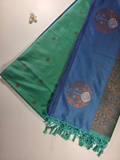 Elegant Dual-Tone Soft Silk Saree in Steel Blue and Aqua Green with Contrasting Zari Weave and Floral Motifs