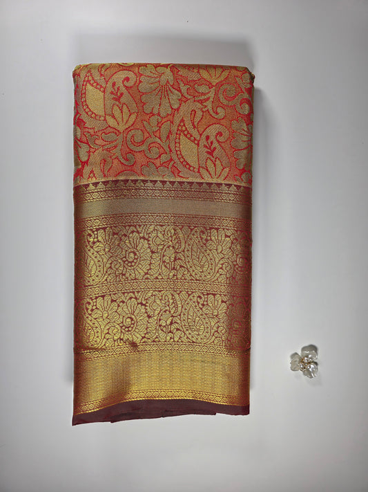 Grand Traditional KANCHI PATTU  Saree in Fiery Red and Maroon with Intricate Gold Zari Brocade Weave