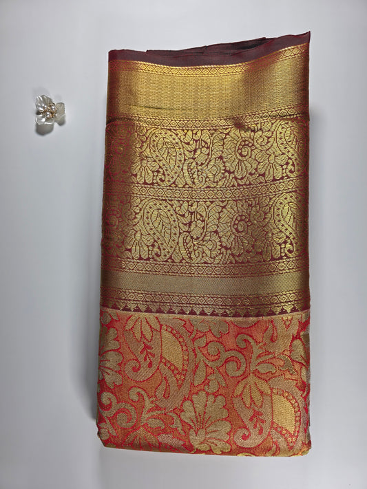 Grand Traditional KANCHI PATTU Saree in Fiery Red and Maroon with Intricate Gold Zari Brocade Weave