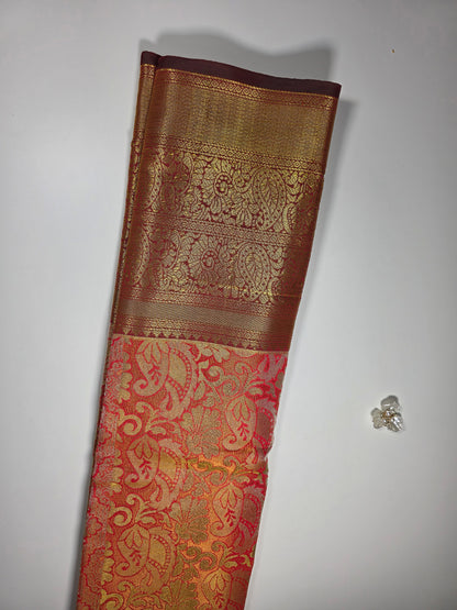 Grand Traditional KANCHI PATTU  Saree in Fiery Red and Maroon with Intricate Gold Zari Brocade Weave