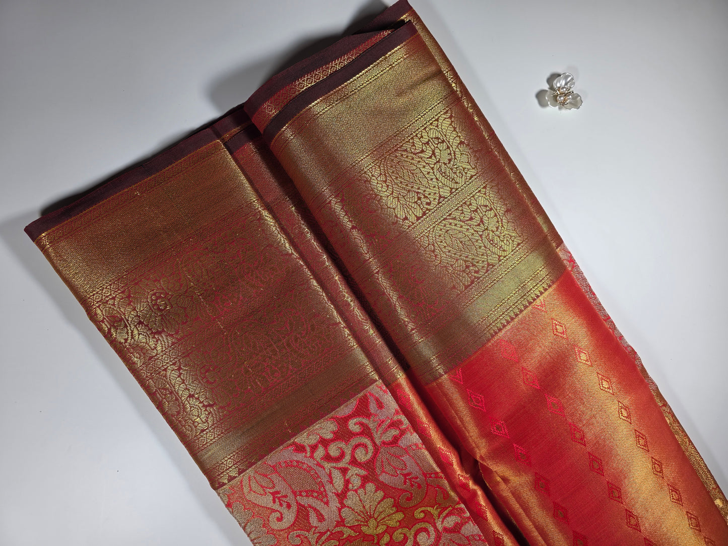 Grand Traditional KANCHI PATTU  Saree in Fiery Red and Maroon with Intricate Gold Zari Brocade Weave