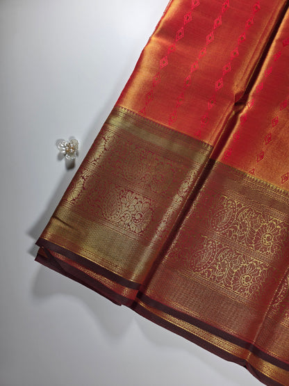 Grand Traditional KANCHI PATTU  Saree in Fiery Red and Maroon with Intricate Gold Zari Brocade Weave