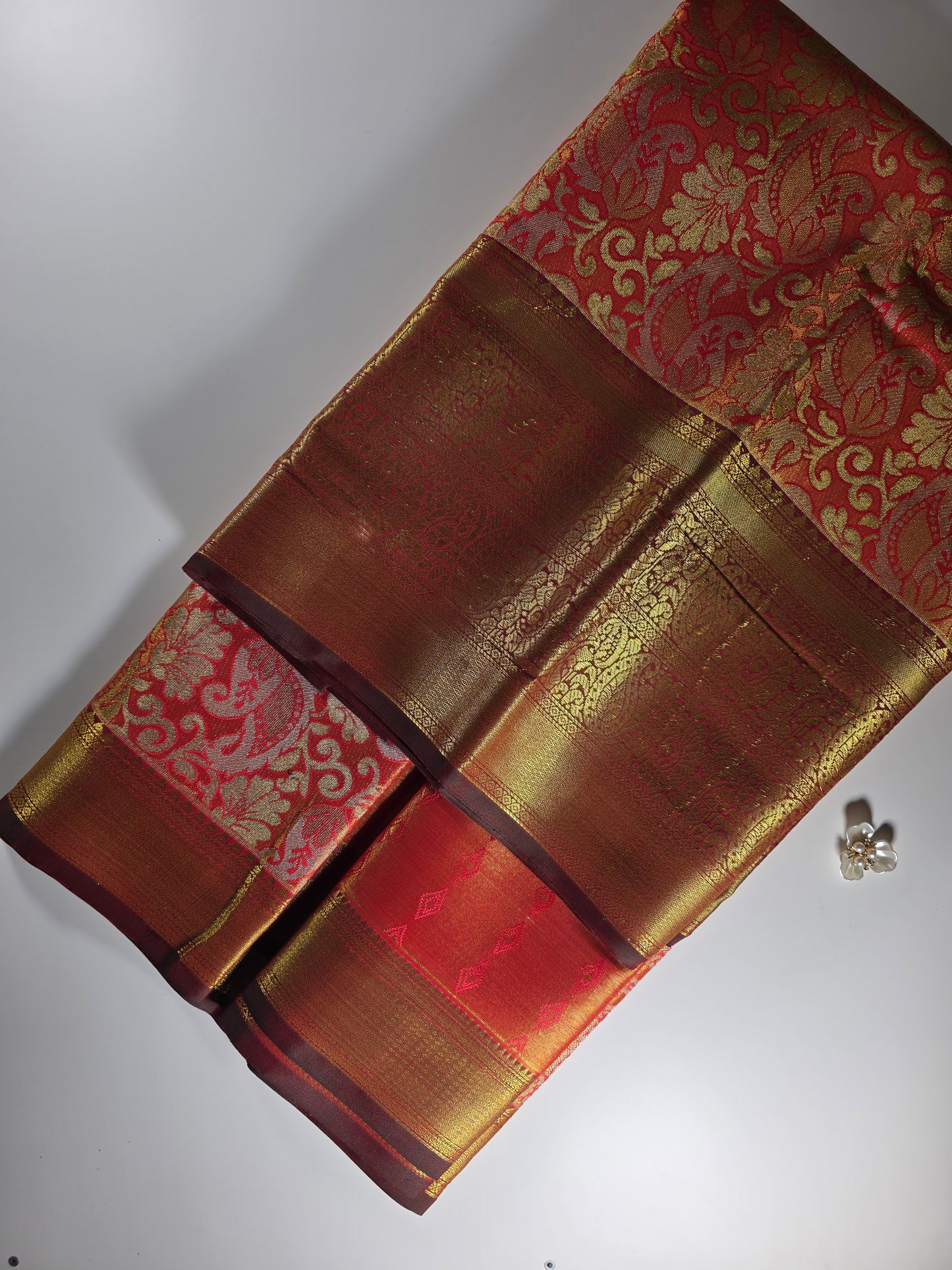 Grand Traditional KANCHI PATTU  Saree in Fiery Red and Maroon with Intricate Gold Zari Brocade Weave
