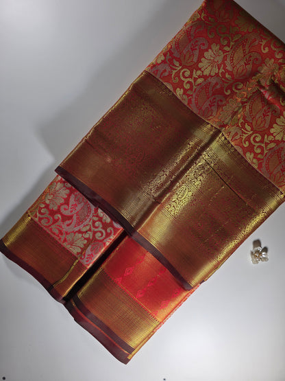 Grand Traditional KANCHI PATTU  Saree in Fiery Red and Maroon with Intricate Gold Zari Brocade Weave