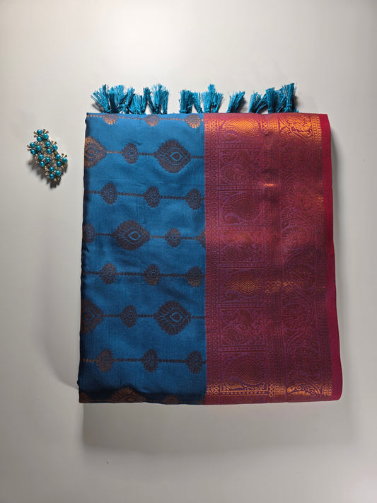 Exquisite Dakshini Pattu Saree: Vibrant Peacock Blue Body with Ornate Maroon Border and Gold Zari Weave