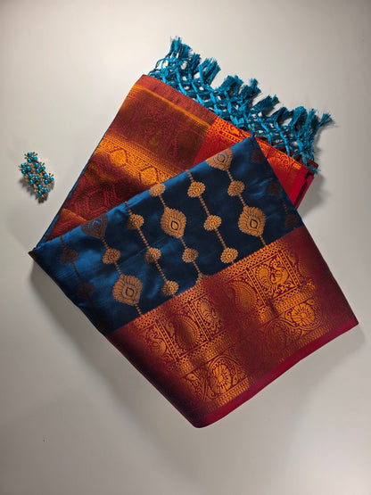Exquisite Dakshini Pattu Saree: Vibrant Peacock Blue Body with Ornate Maroon Border and Gold Zari Weave