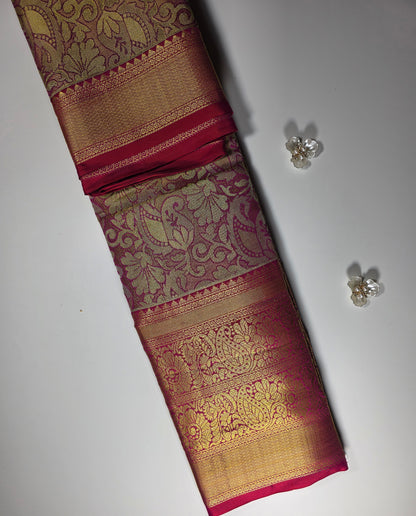 xquisite Kanchi Pattu Style Saree: Luminous Pink Body with Opulent Red Border and Rich Gold Zari Weave