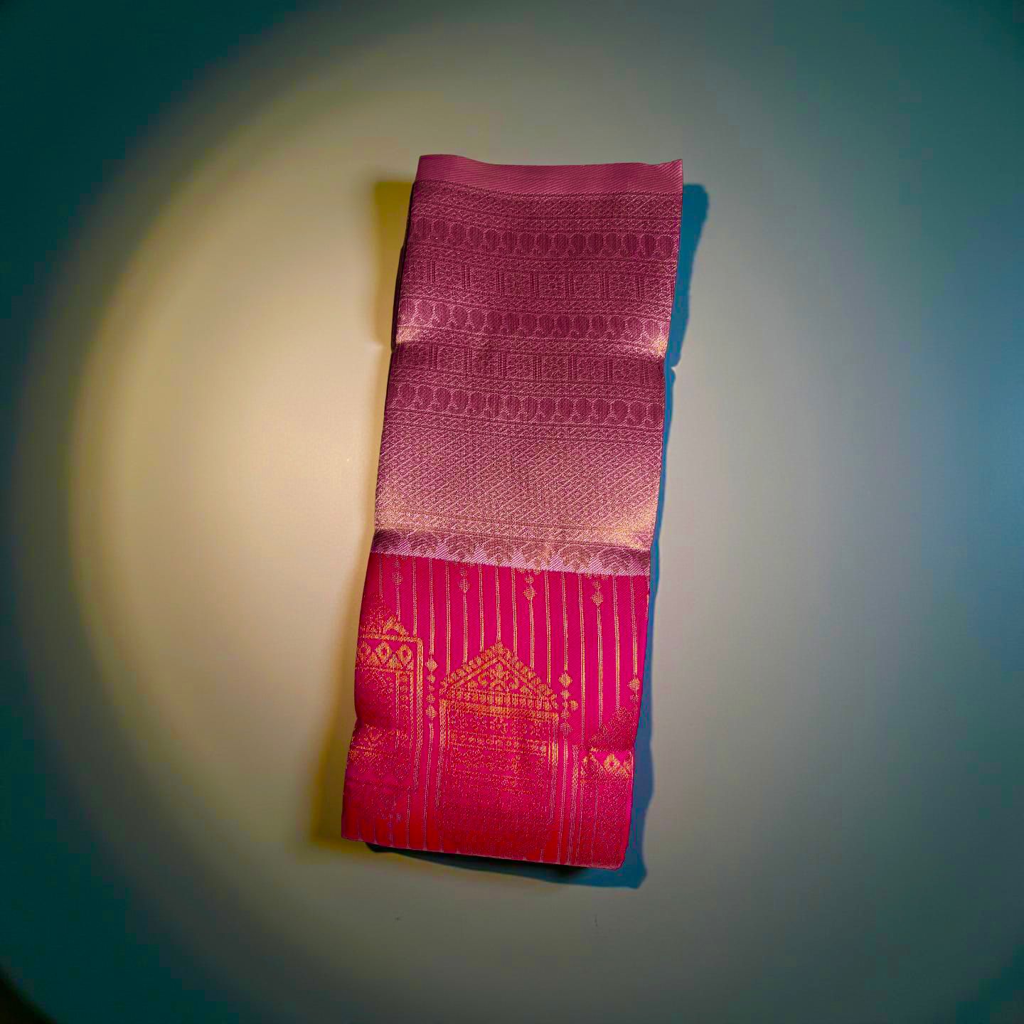 "Radiant Kuberapattu: Pink Body with Peach and Copper Zari Border"