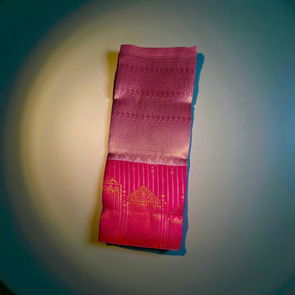 "Radiant Kuberapattu: Pink Body with Peach and Copper Zari Border"