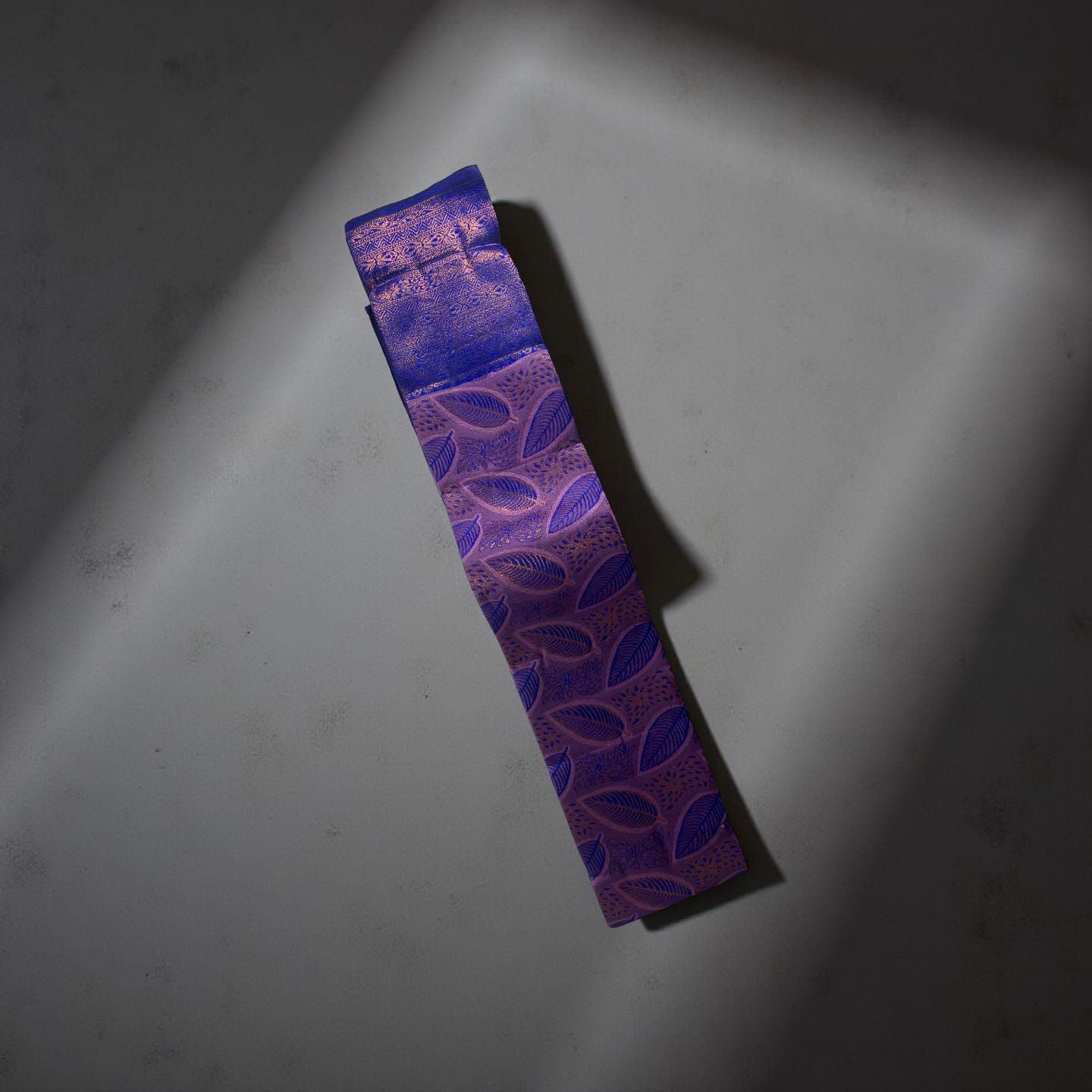 ''Regal Navy Blue & Violet Kubera Pattu Saree with Copper Zari Leaf Motifs"