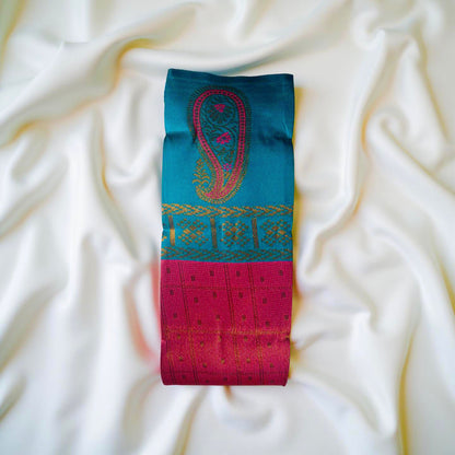 "Charming Kuberapattu: Pink Body with Teal and Paisley Zari Accents"