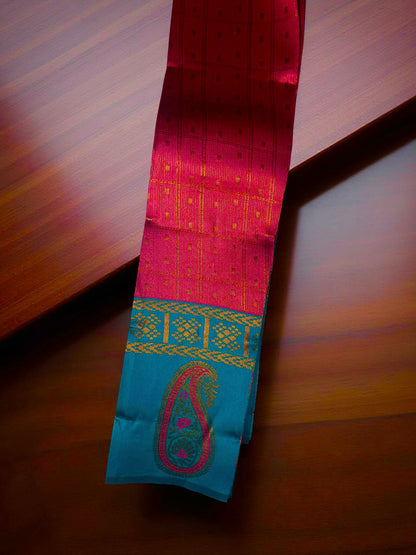 "Charming Kuberapattu: Pink Body with Teal and Paisley Zari Accents"