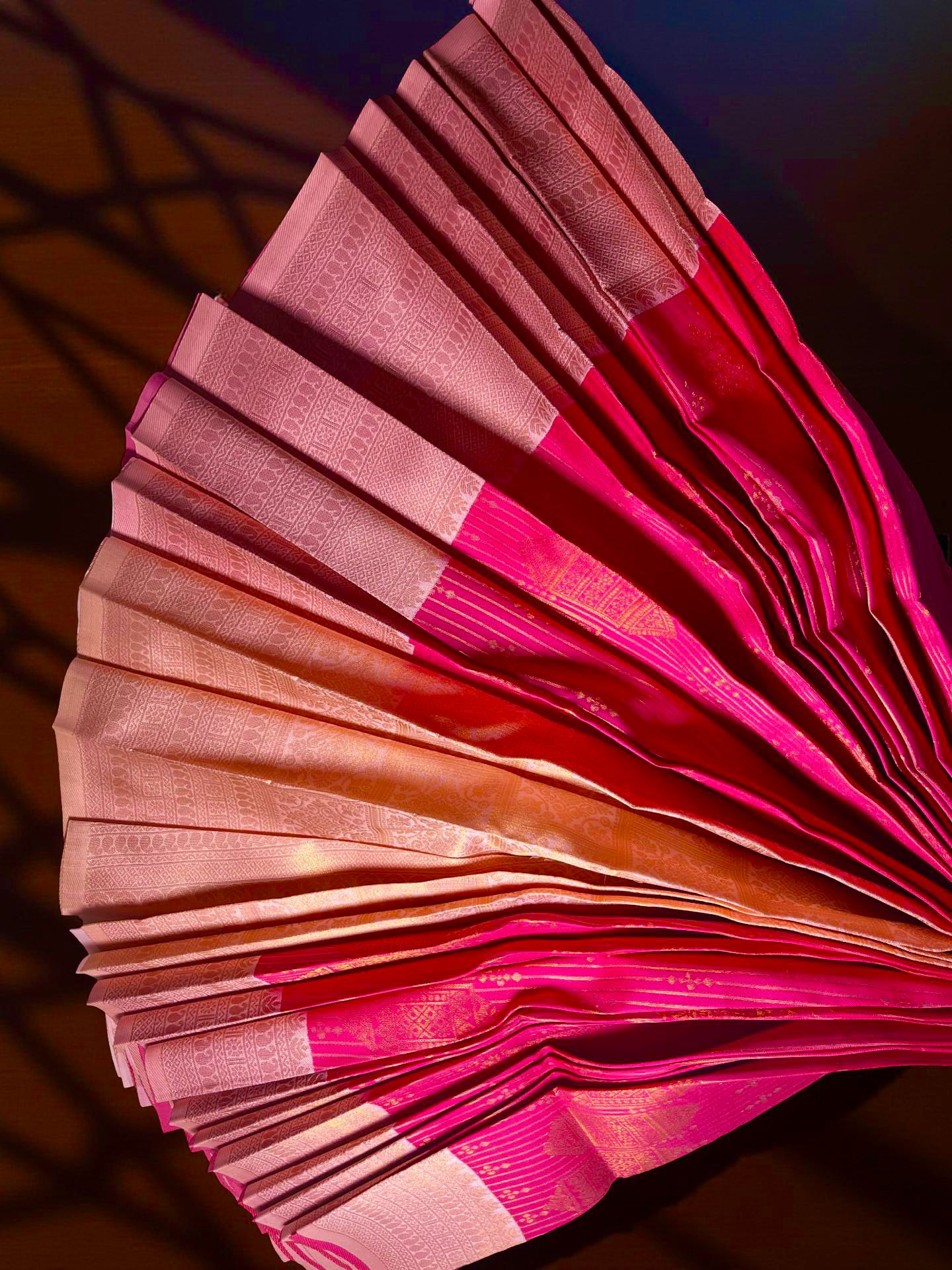 "Radiant Kuberapattu: Pink Body with Peach and Copper Zari Border"