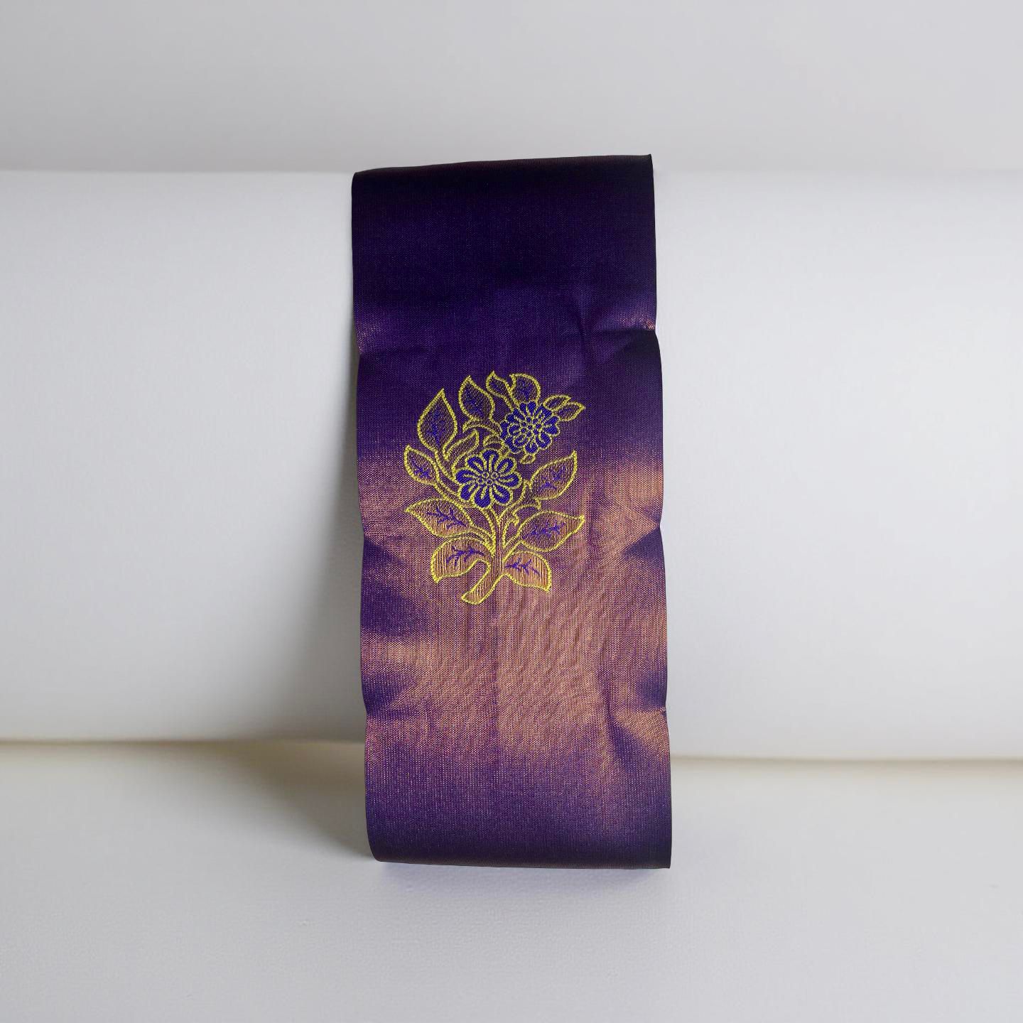 "Majestic Kuberapattu: Dark Purple Body with Mustard yellow Border and Copper Zari Floral Motifs"