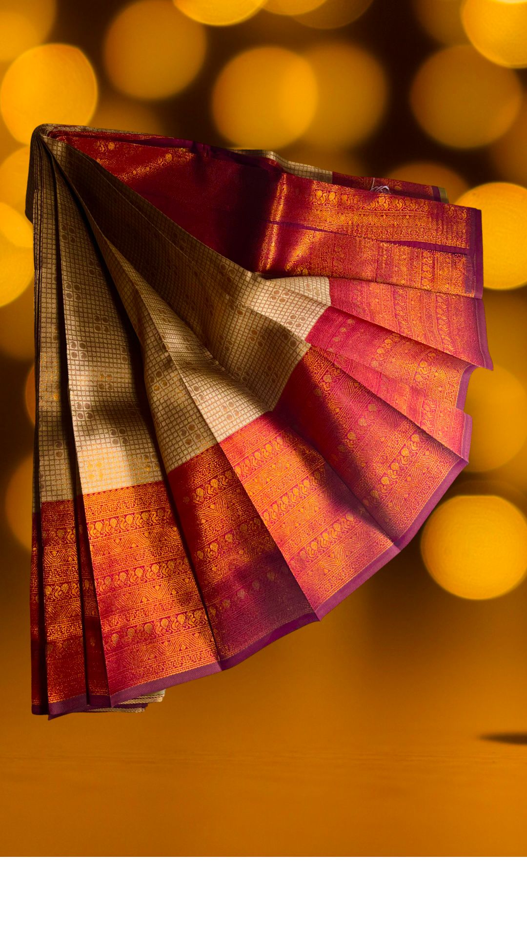 "Elegant Kuberapattu: Khaki Green Body with Burgundy Border and Copper Zari Checks"