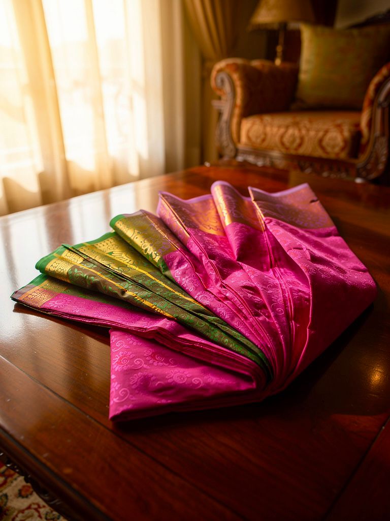 "Regal Kuberapattu: Pink Body with Purple Border, Copper Zari, and Green Pallu"