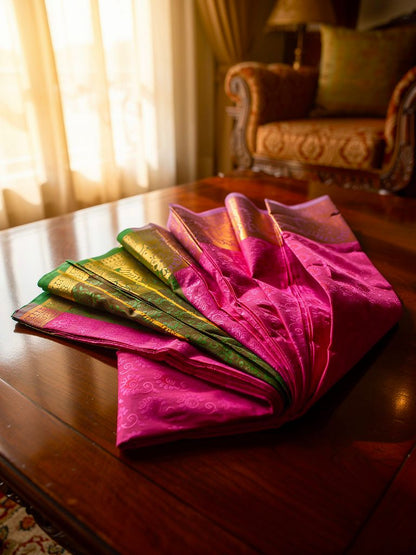 "Regal Kuberapattu: Pink Body with Purple Border, Copper Zari, and Green Pallu"