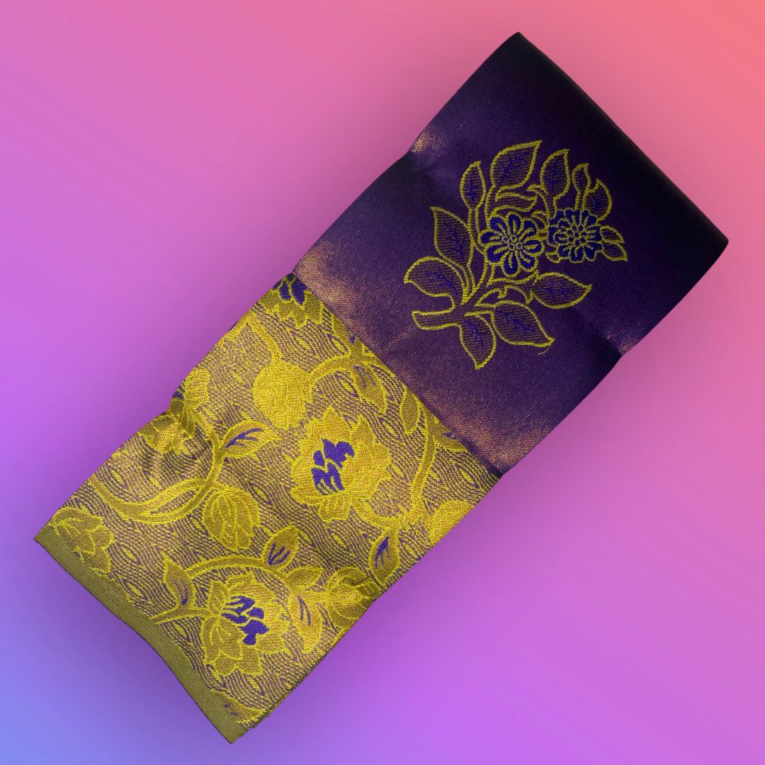 "Majestic Kuberapattu: Dark Purple Body with Mustard yellow Border and Copper Zari Floral Motifs"