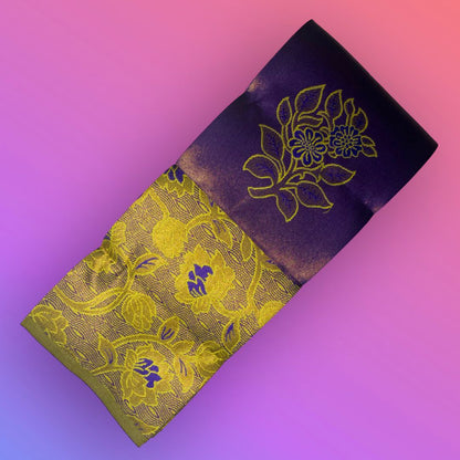 "Majestic Kuberapattu: Dark Purple Body with Mustard yellow Border and Copper Zari Floral Motifs"