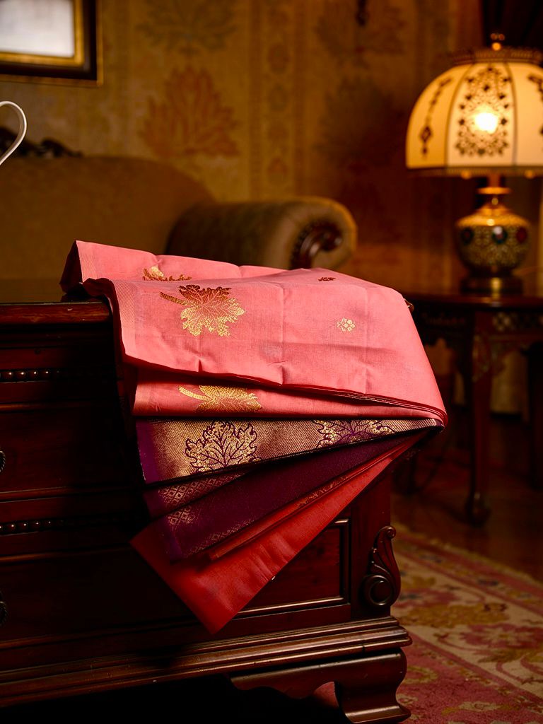 Festive Peach & Purple Soft Silk Saree with Traditional Gold Zari Work