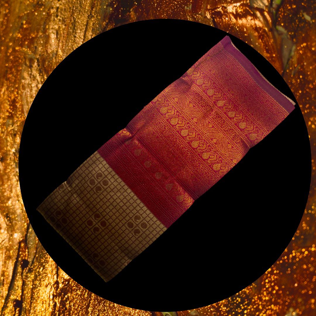 "Elegant Kuberapattu: Khaki Green Body with Burgundy Border and Copper Zari Checks"