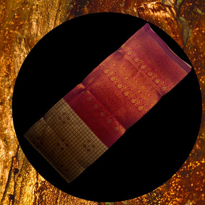 "Elegant Kuberapattu: Khaki Green Body with Burgundy Border and Copper Zari Checks"