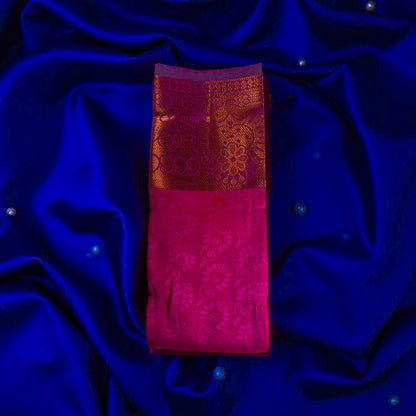 "Regal Kuberapattu: Pink Body with Purple Border, Copper Zari, and Green Pallu"